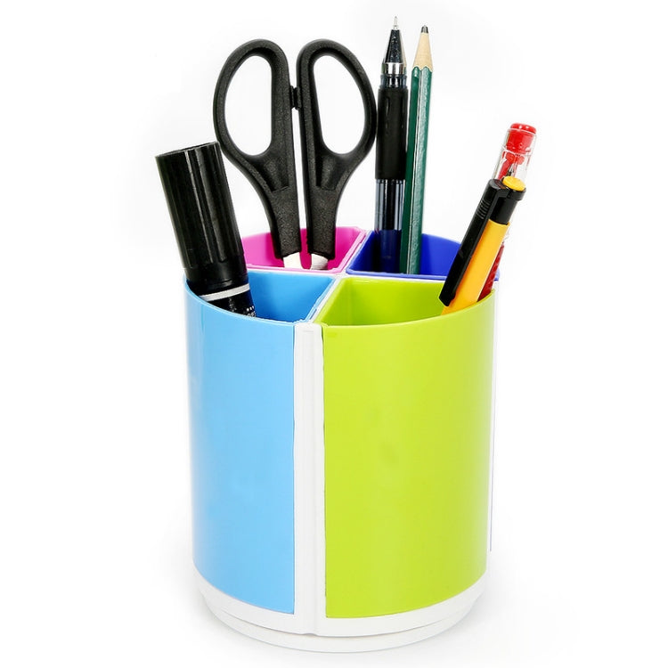 Colorful round pen holder with four compartments for pens, pencils, and scissors