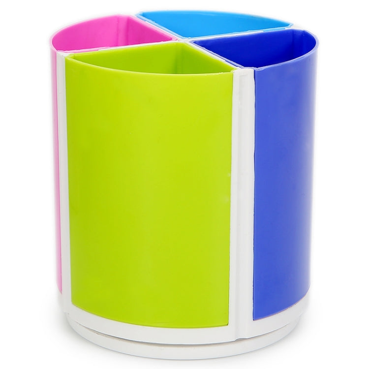 Round pen holder with lime green and blue compartments separated by white dividers