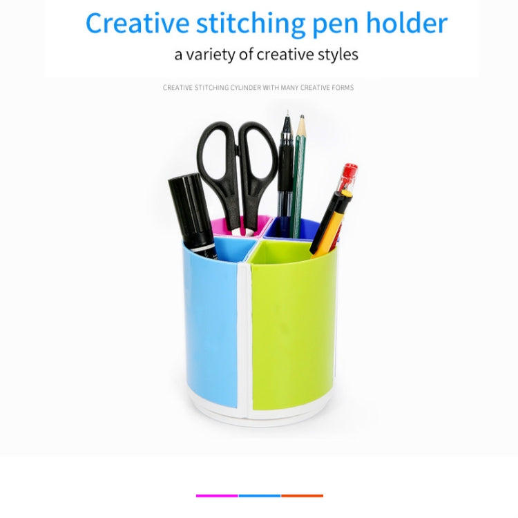 Rotating round pen holder filled with pens and pencils in blue and lime compartments
