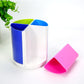 Colorful round pen holder with blue, white, and pink flip-out compartments