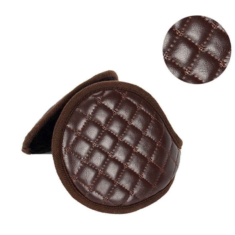 Coffee-brown quilted leather earmuffs with plush lining and stitched square grid