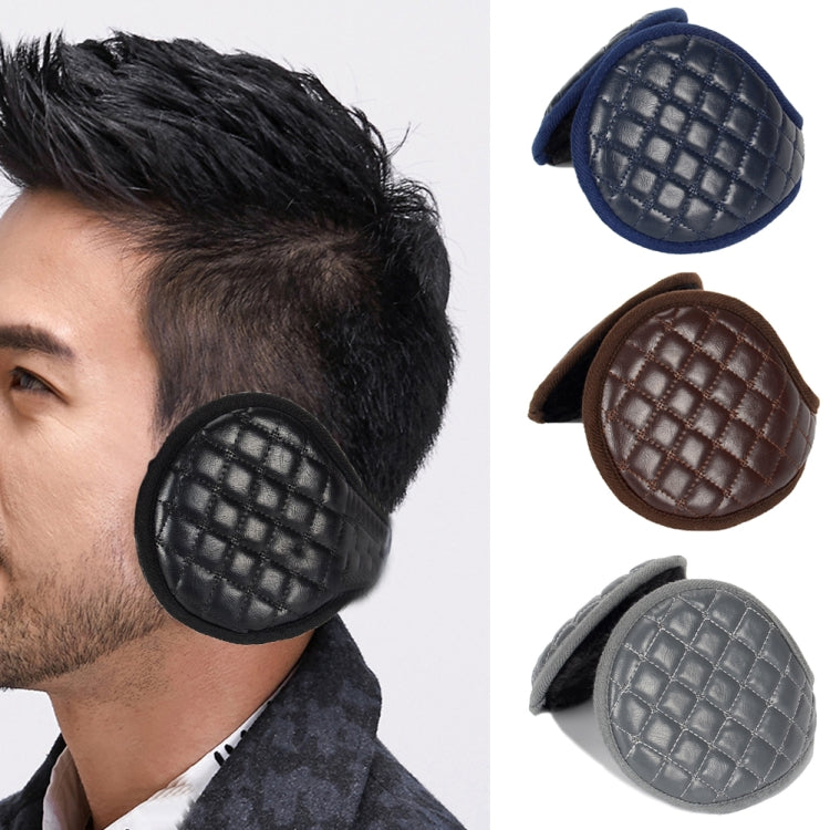 Black quilted leather earmuff worn on a man's ear with a square grid pattern