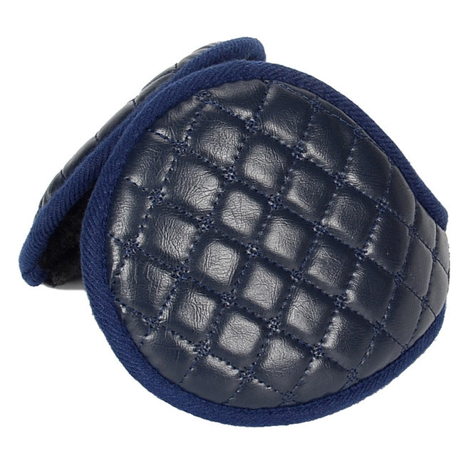 Dark blue quilted leather earmuffs with plush lining and stitched square grid