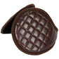 Coffee-brown quilted leather earmuff with plush side padding and grid stitch detail