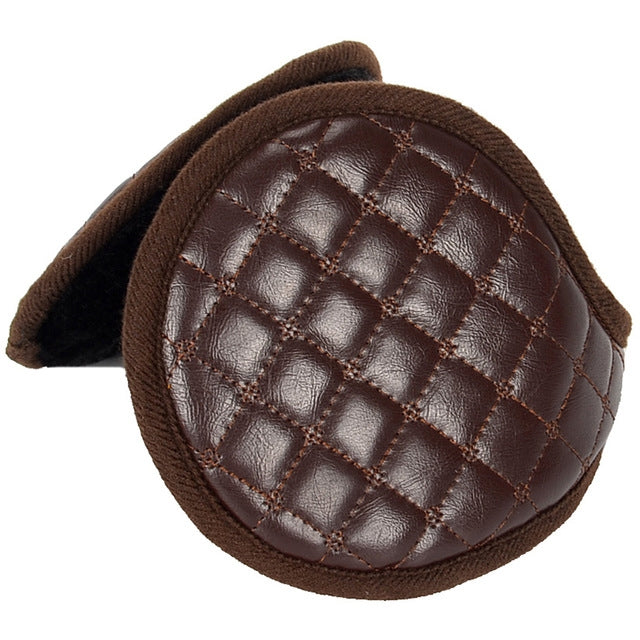Coffee-brown quilted leather earmuff with plush side padding and grid stitch detail
