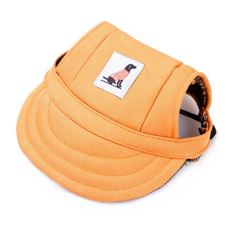 Orange adjustable baseball cap for pets with fabric logo patch and side opening