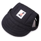 Black adjustable baseball cap for pets with fabric logo patch and side opening