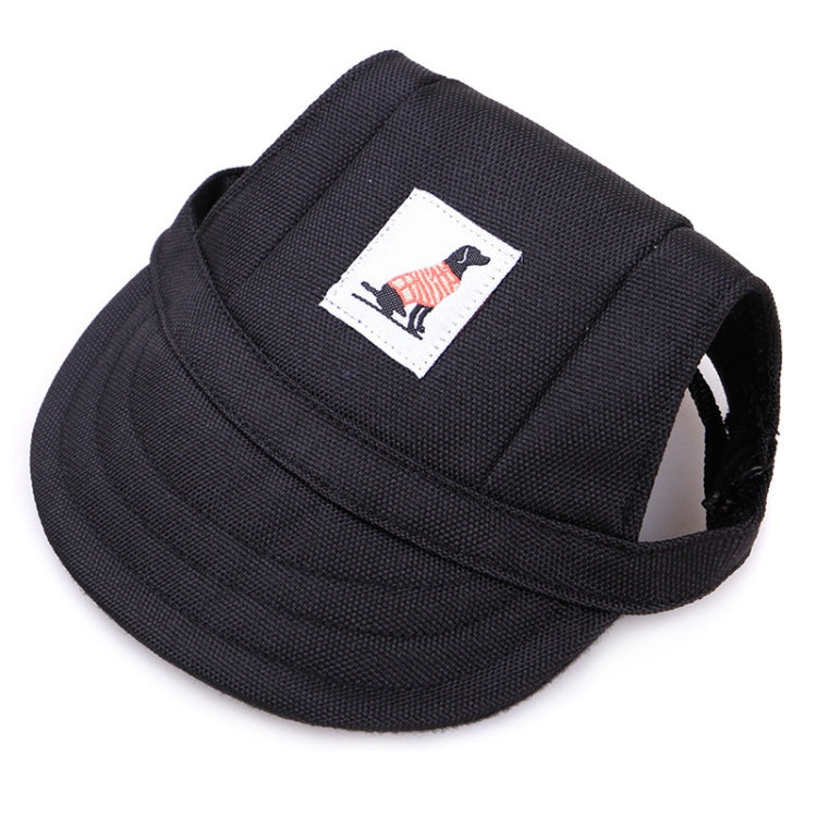 Black adjustable baseball cap for pets with fabric logo patch and side opening