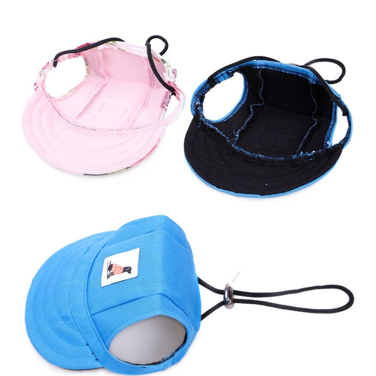 Adjustable pet baseball caps: pink, black, and blue fabrics with logo patches