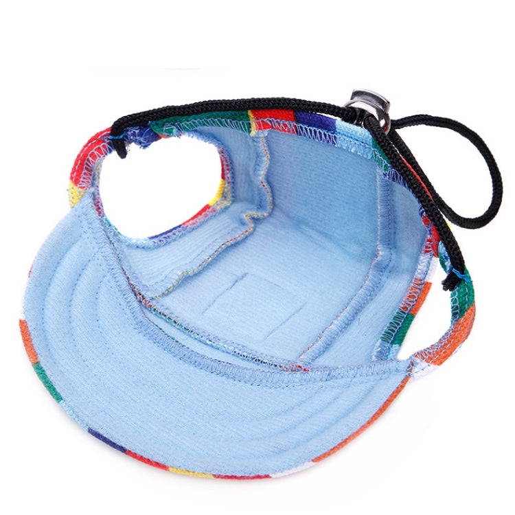 Adjustable pet baseball cap with light blue denim-style fabric and logo patch
