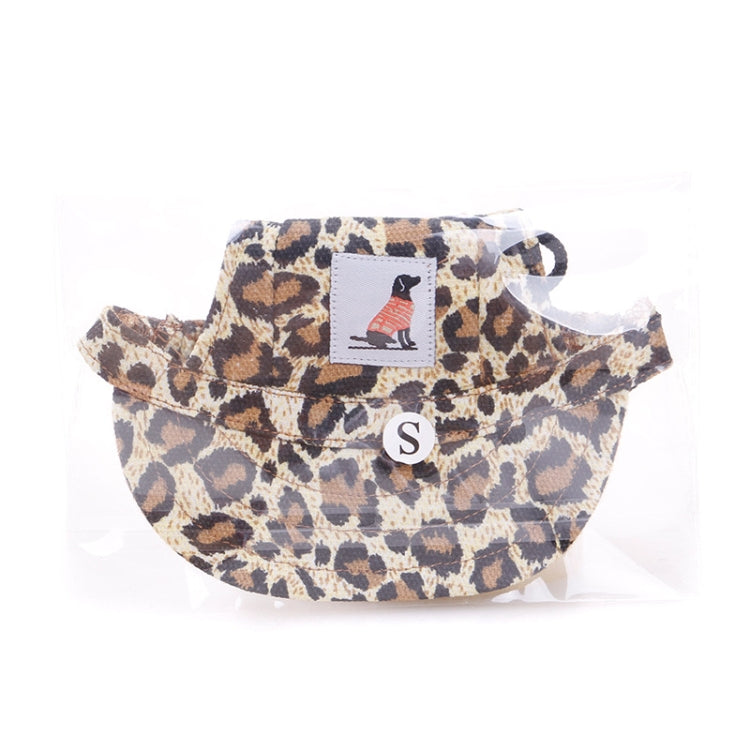 Adjustable pet baseball cap with leopard print fabric and size S label