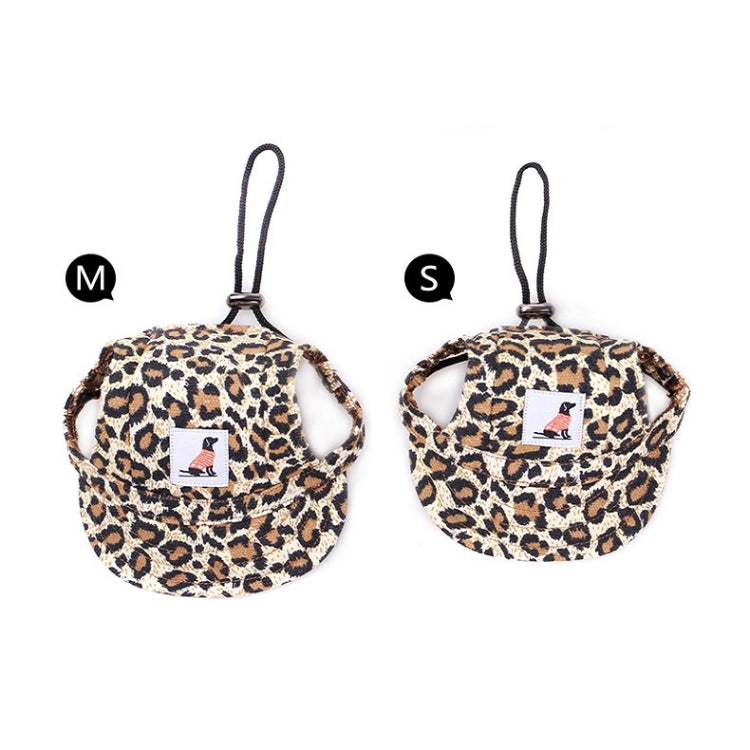 Adjustable pet baseball cap with leopard print, showing S and M sizes