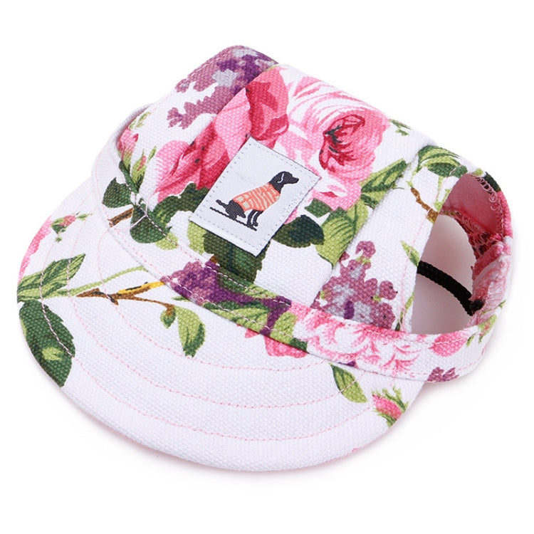 Adjustable pet baseball cap with pink floral fabric and front logo patch