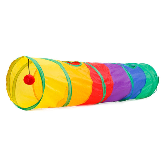 Rainbow cat tunnel lying flat, showing end opening with red ball inside