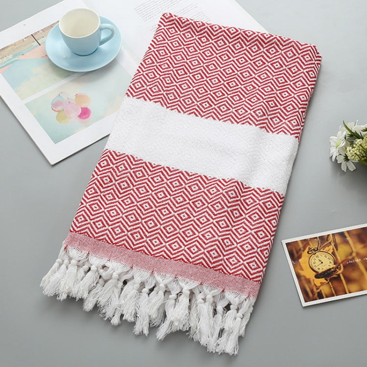 Red and white zigzag striped cotton bath towel with white band and tassel fringe