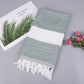 Dark teal and white zigzag striped cotton bath towel with white tassel fringe