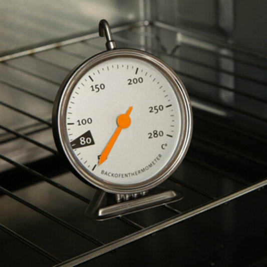 Hanging stainless steel oven thermometer with round dial and orange temperature pointer