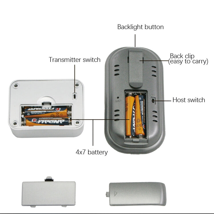 Back view of digital meat probe thermometer showing battery compartment and switches