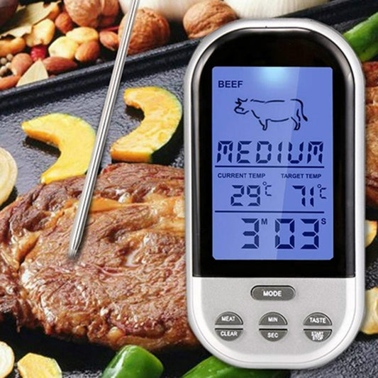 Digital meat probe thermometer with blue LCD display and metal probe, for beef cooking