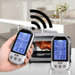 Digital meat probe thermometer held in hand with blue LCD grilling temperature readout