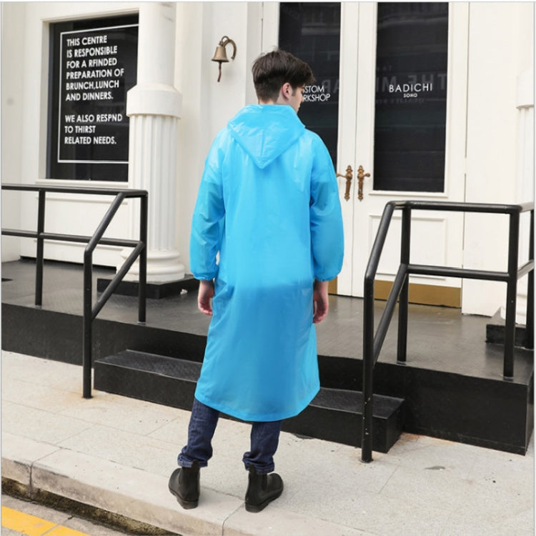 Blue hooded disposable raincoat, back view with full-length coverage and long sleeves
