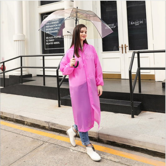Pink hooded disposable raincoat with long sleeves and front button closure