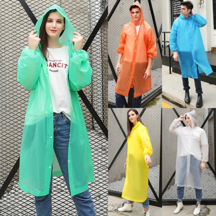 Hooded disposable raincoat with long sleeves and buttoned front, front view