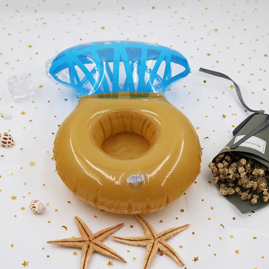 Diamond ring inflatable drink coaster, yellow base with center hole and blue ring topper