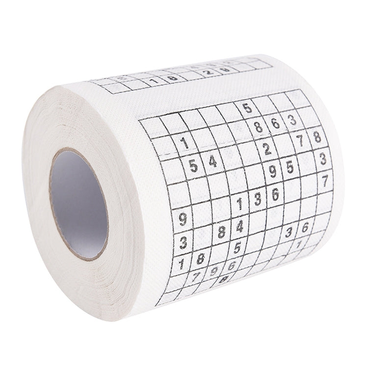White toilet paper roll with sudoku puzzle grid wrap and hollow center