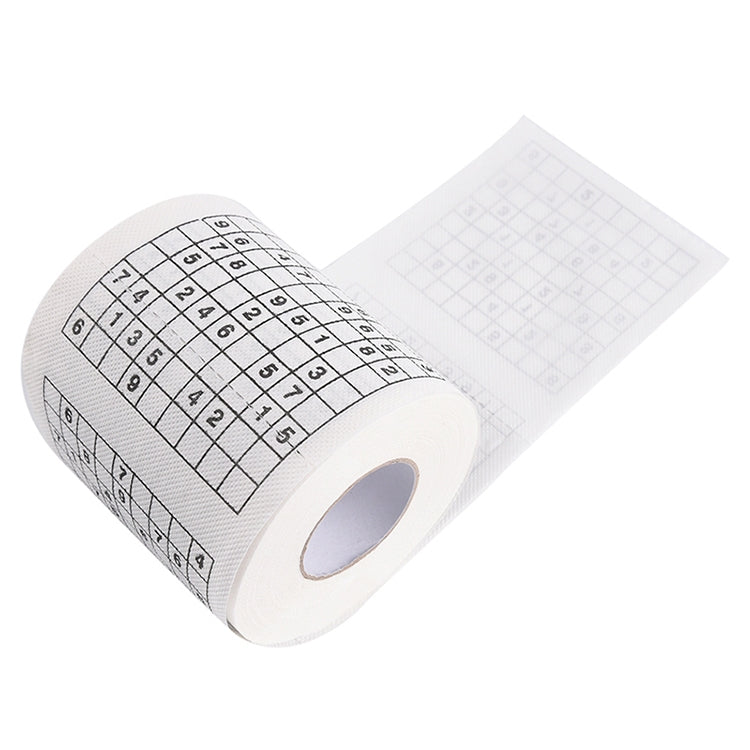 White toilet paper roll with sudoku-printed sheet and blank section