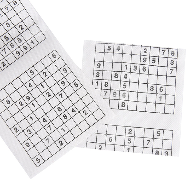 Sudoku-printed toilet paper sheets with number grids, curled together