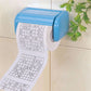3 rolls white toilet paper with printed sudoku grids on sheet, in blue dispenser