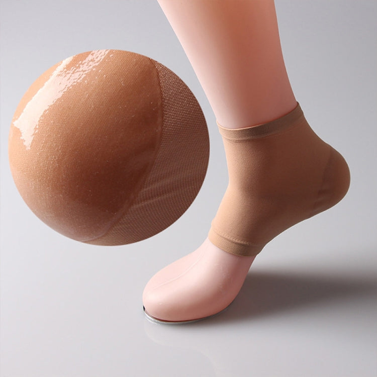 Beige heel socks on foot with close-up view of the heel area
