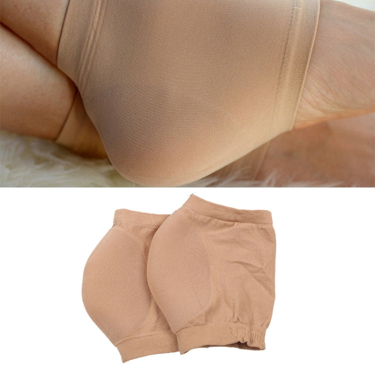 Beige heel socks with elastic cuff, pair shown folded
