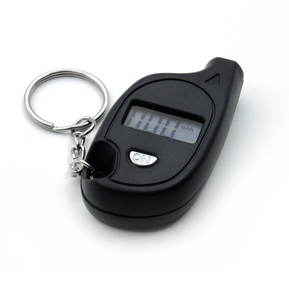 Digital tire air pressure gauge tester with LCD screen and keychain, black