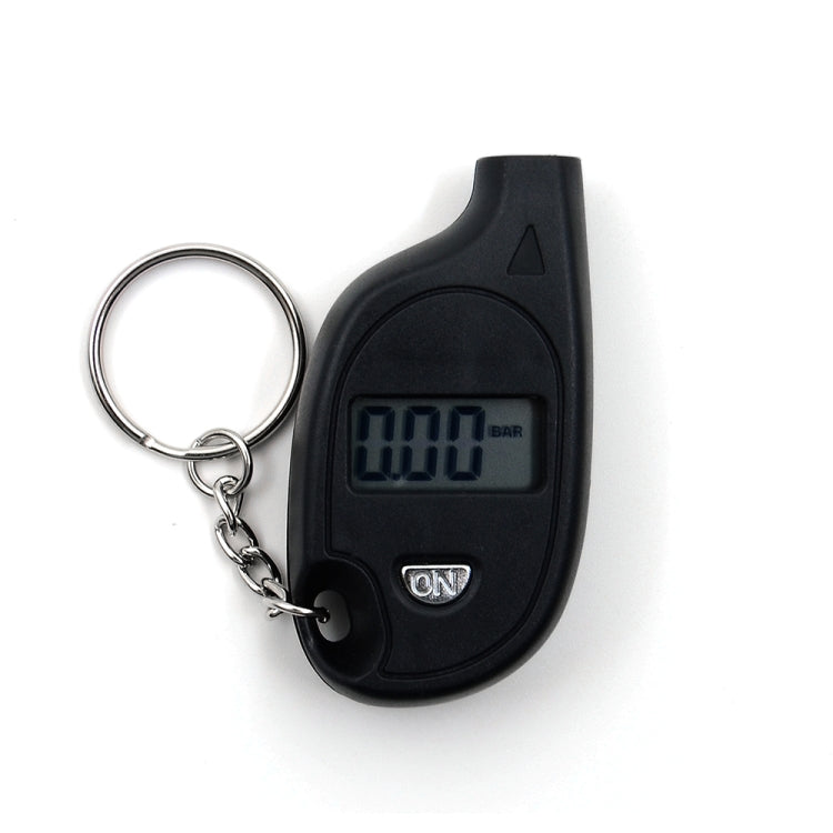 Digital tire air pressure gauge tester with LCD display and keychain, black