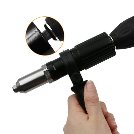 Handheld pulling riveting adapter with metal tip and black ribbed housing