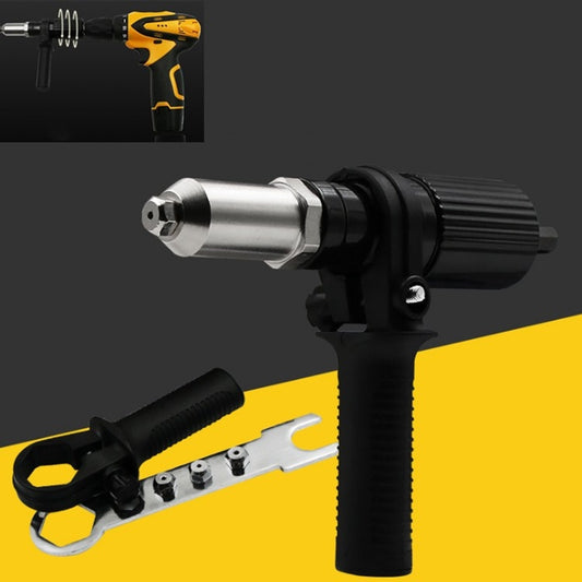 Pulling riveting adapter tool with metal nose and black ribbed grip