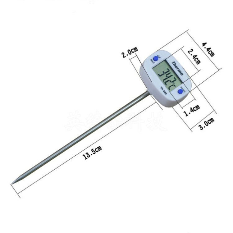 Food thermometer size diagram with LCD unit and metal probe measurements