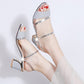 Silver glitter open-toe block-heel sandals with crisscross straps and ankle band