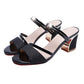 Open-toe block-heel sandals with black glitter crossover strap and glossy black back strap