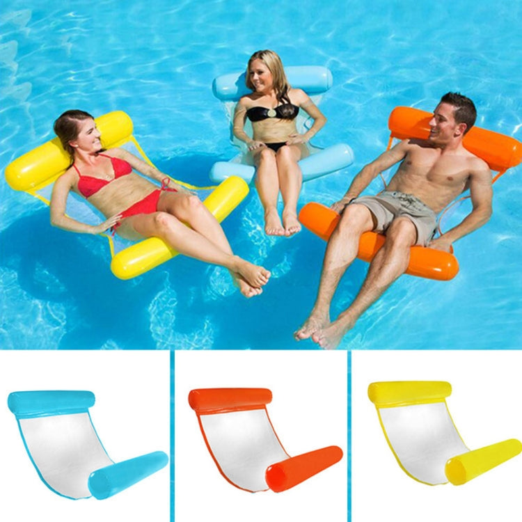 Blue, orange, and yellow float hammock set with mesh net backrest