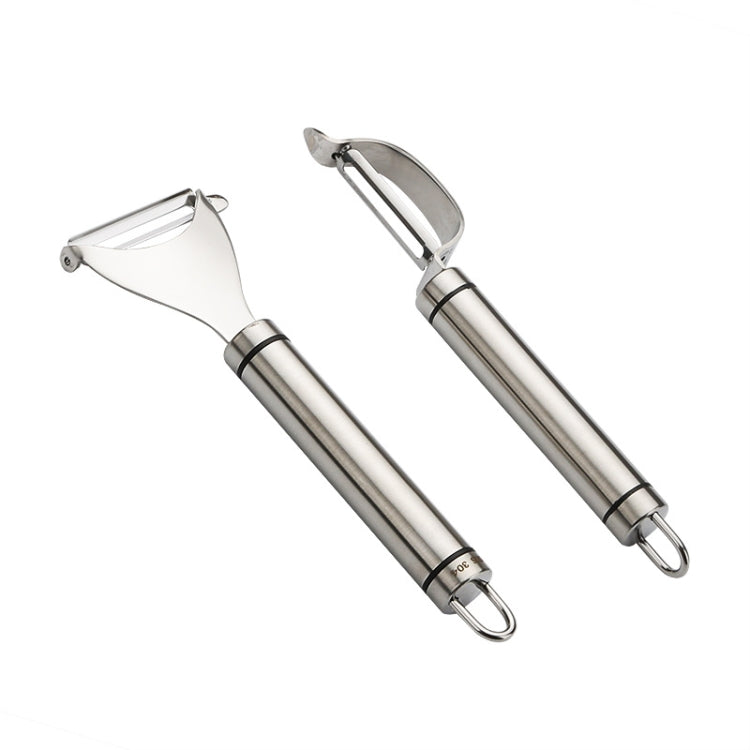 Stainless steel vegetable peelers with triangular and bow planer blades, two-pack