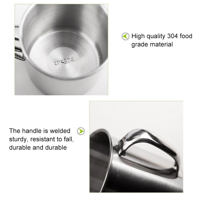 Stainless steel cup with welded loop handle and interior 304 marking