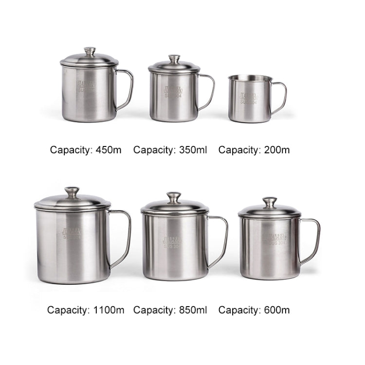 Stainless steel cup set with lids, loop handles, and multiple sizes