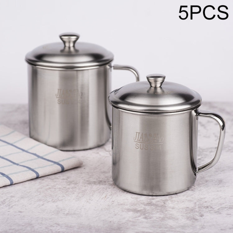 Two lidded stainless steel cups with loop handles, large cup behind smaller cup