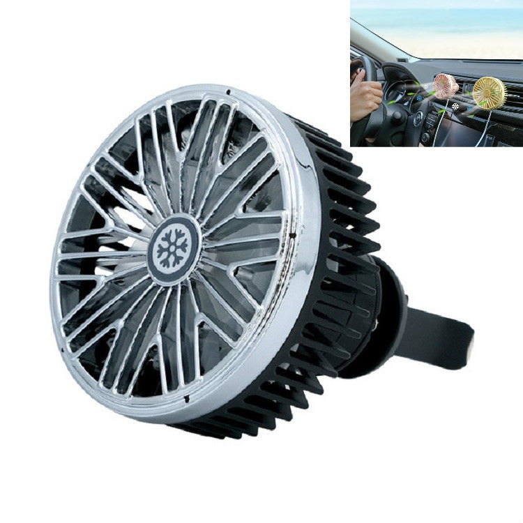 Black mini car vent fan with LED lamp, circular fan grille and car clip