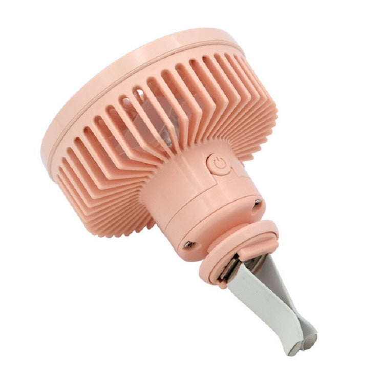 Pink mini car vent fan with LED-style lamp, round vent fan head and clip