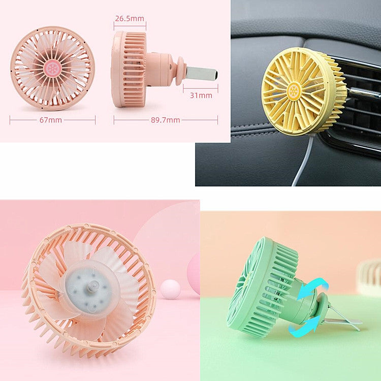 Pink mini car vent fan with USB cable, size diagram and vent placement