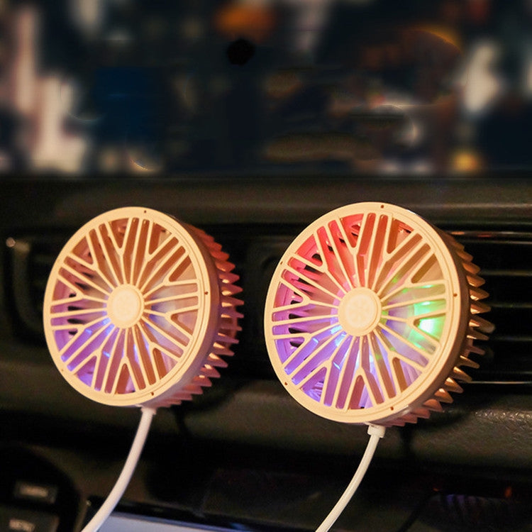 Colorful LED mini car vent fan with two glowing round grilles on dashboard